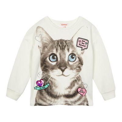 Girls' cream cat print sweater
